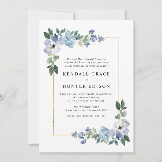 青色彩の鮮やかと緑のフローラフレ結婚ーム 招待状 (正面)