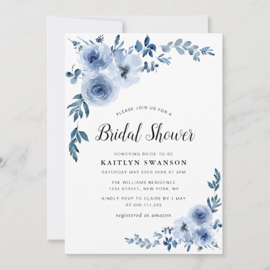 青色彩の鮮やかフローラブライダルシャワー 招待状 (正面)