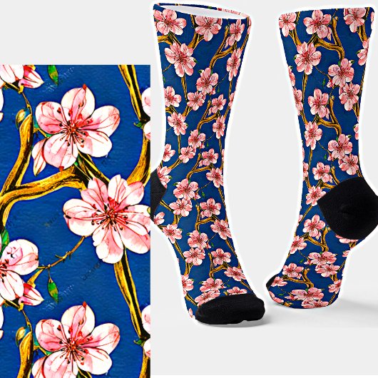 青色彩の鮮やか空に咲くピンクの木 ソックス