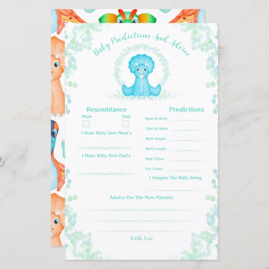 青色恐竜の赤ちゃんシャワーの予測とアドバイス (正面/裏面)