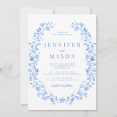 青色手描きフォークフローラ結婚式招待状 招待状 (正面)