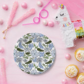 青色手描きフローラブロックプリント ペーパープレート (パーティー)