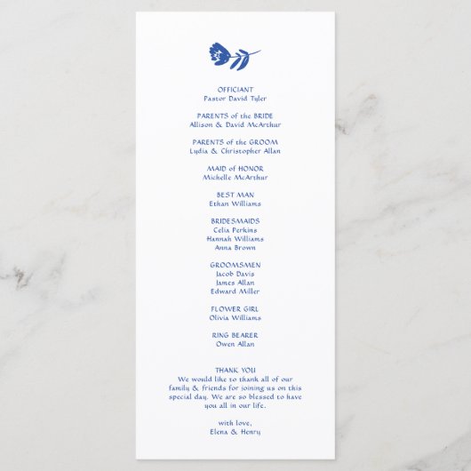 青色手描き花お洒落結婚式 プログラム (裏面)