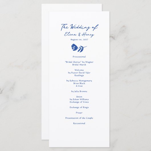 青色手描き花お洒落結婚式 プログラム (正面/裏面)