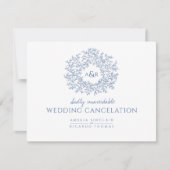 青色手描き葉モノグラム結婚のキャンセル 案内状 (正面)