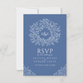 青色手描き葉モノグラムRSVP結婚's 出欠カード