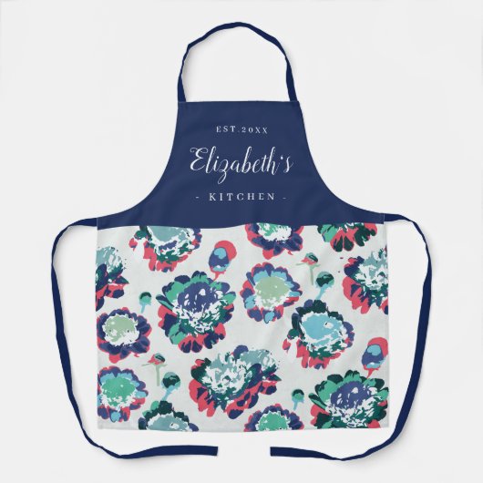 青色抽象芸術花模様パーソナライズされた料理 エプロン (正面)