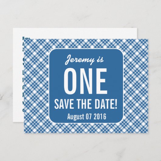 青色斜め格子状格子状第1ベビー子供の誕生日P40F 案内ポストカード (正面/裏面)