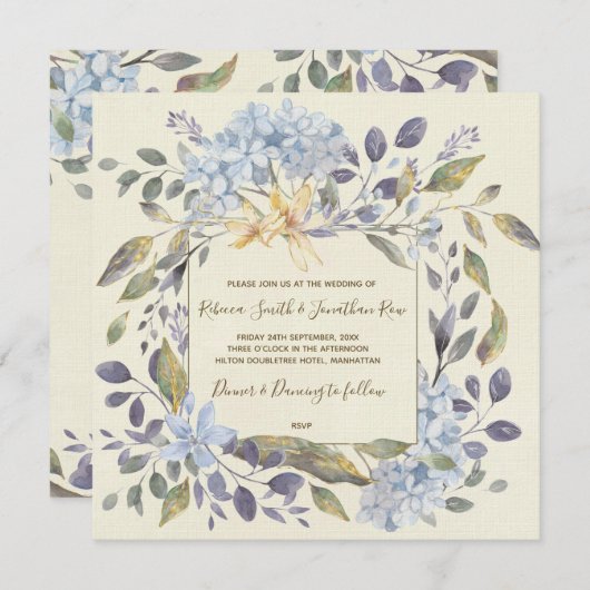 青色植物性フローラ結婚式招待状アジサイ 招待状 (正面/裏面)
