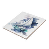 青色水彩帆船セラミックタイル タイル (側面)