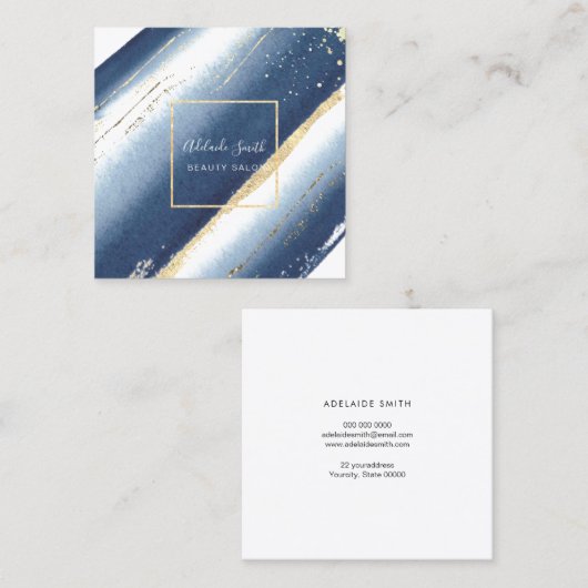 青色水彩画絵を描線と金ゴールドフェイク箔 スクエア名刺 (正面/裏面)
