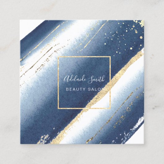 青色水彩画絵を描線と金ゴールドフェイク箔 スクエア名刺 (正面)