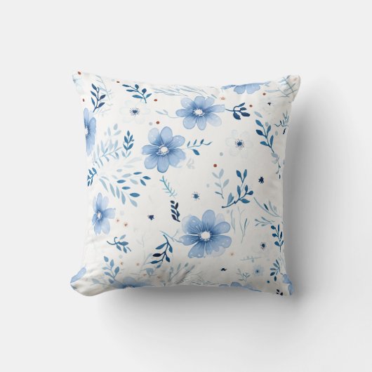 青色水彩花模様 クッション (正面)