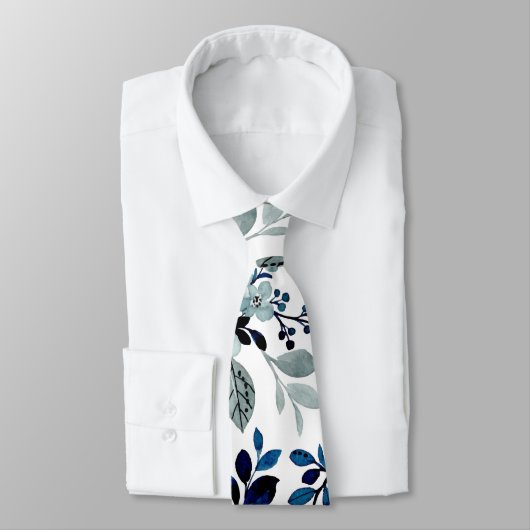 青色水彩花模様 ネクタイ (タイ)