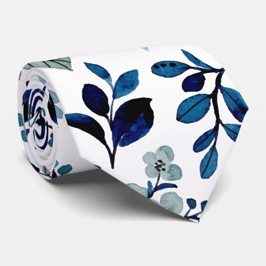 青色水彩花模様 ネクタイ (ロール)