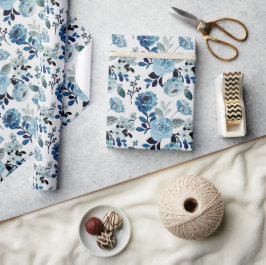 青色水彩花模様 ラッピングペーパー