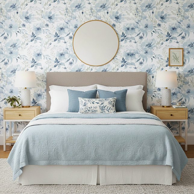 青色水彩花模様 壁紙 (クリエイターアップロード済み)