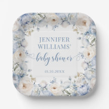 青色水色フローラ男の赤ちゃんシャワー紙プレート