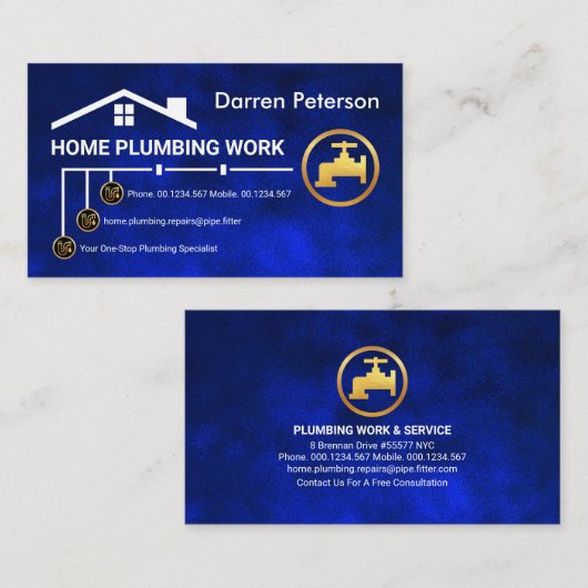 青色水道管路配管工サービス 名刺 (正面/裏面)
