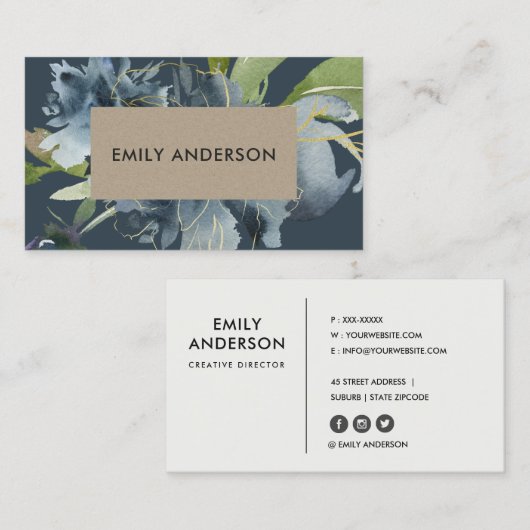 青色海軍クラフトグリーン金ゴールドフローラ水色 名刺 (正面/裏面)