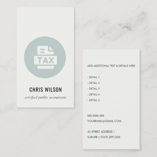 青色灰色のモダン納税申告書エージェントの作成者アイコン 名刺 (正面/裏面)