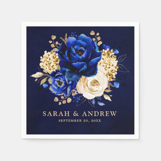 青色王室の黄色金ゴールド金属フローラ結婚昼寝 スタンダードカクテルナプキン (正面)