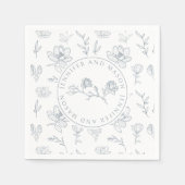 青色白色フローラモノグラム結婚の紙ナプキン スタンダードカクテルナプキン (正面)