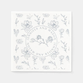 青色白色フローラモノグラム結婚の紙ナプキン スタンダードカクテルナプキン