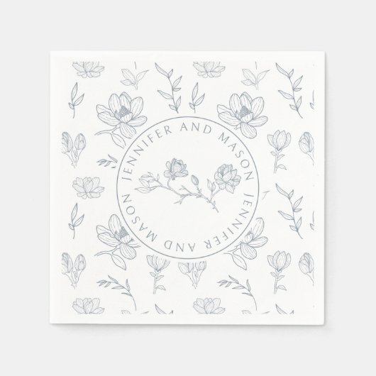 青色白色フローラモノグラム結婚の紙ナプキン スタンダードカクテルナプキン (正面)