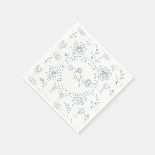 青色白色フローラモノグラム結婚の紙ナプキン スタンダードカクテルナプキン (角)