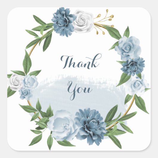 青色白色フローラ金ゴールドリース スクエアシール (正面)