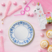 青色白色花柄セラミックルッキングヴィンテージ ペーパープレート (パーティー)