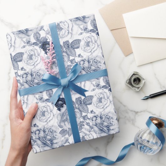 青色白花模様パーティーヴィンテージ ラッピングペーパー (ギフト)