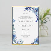 青色縁どフローラのホイル披露宴招待状 箔招待状 (立ち正面)