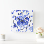 青色花柄 スクエア壁時計 (ホーム)