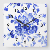 青色花柄 スクエア壁時計 (正面)