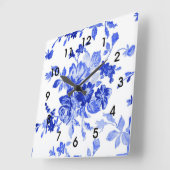 青色花柄 スクエア壁時計 (傾斜)