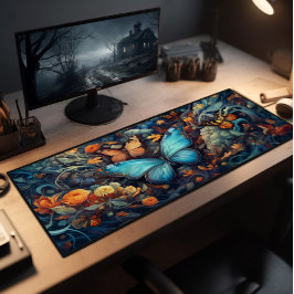 青色蝶の（昆虫）オオカバマダラ、モナークと野生の花 デスクマット