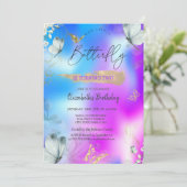 青色蝶ホログラフィック誕生日 招待状 (スタンド正面)