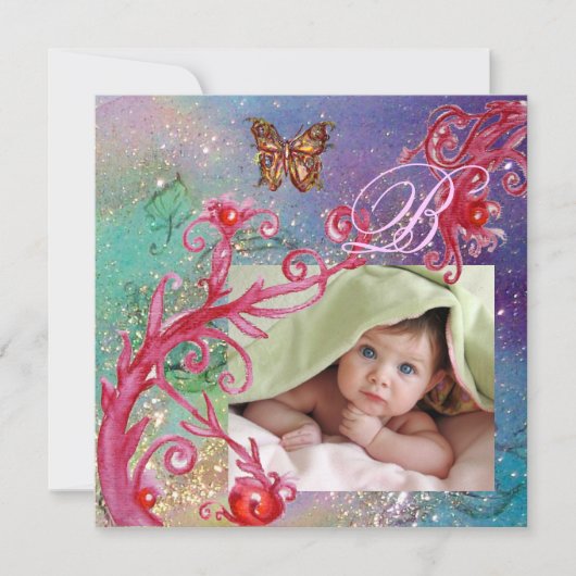 青色蝶、男の赤ちゃんシャワー写真テンプレート 招待状 (正面)