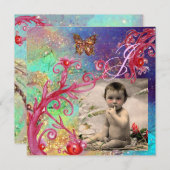 青色蝶、男の赤ちゃんシャワー写真テンプレート 招待状 (正面/裏面)