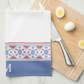 青色赤色北欧花模様モノグラム キッチンタオル (四つ折り)