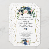 青色赤面フローラ金ゴールドグリッター紙吹雪婚約 招待状 (正面/裏面)