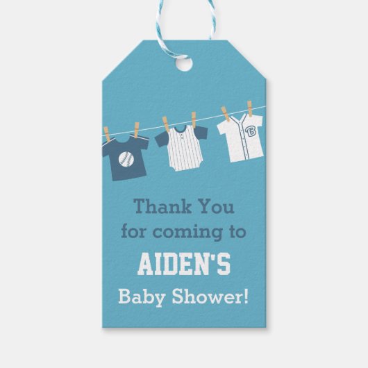 青色野球男の赤ちゃんシャワーパーティーラベル ギフトタグ (正面)