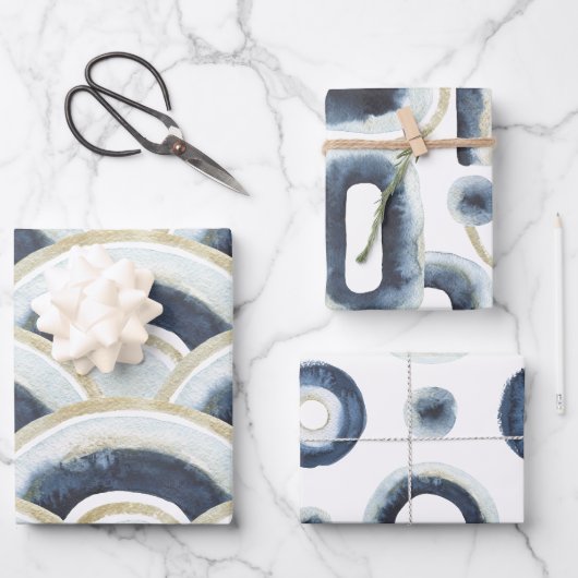 青色金ゴールドの水彩模様 ラッピングペーパーシート (正面)