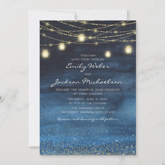 青色金ゴールドグリッターストリングライトランタン結婚ズ 招待状 (正面)