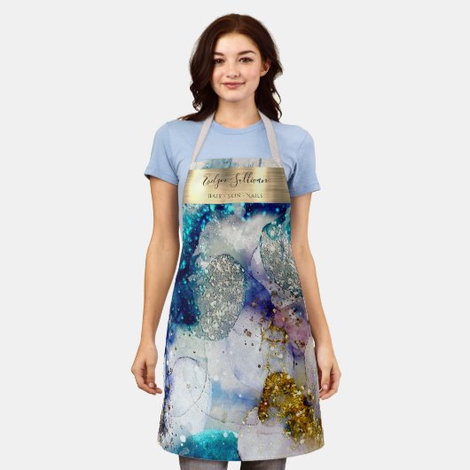 青色金ゴールドグリッター水色美しいプロフェッショナル エプロン (着用した状態)