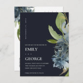 青色金ゴールドネイビーフローラ水色保存日付 案内ポストカード (正面/裏面)