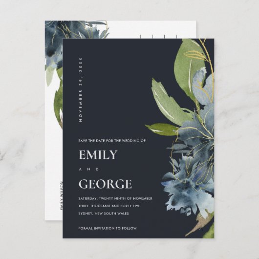 青色金ゴールドネイビーフローラ水色保存日付 案内ポストカード (正面/裏面)