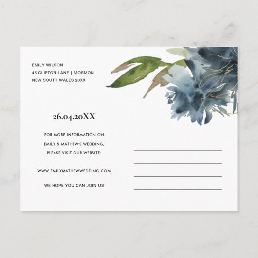 青色金ゴールドネイビーフローラ水色保存日付 案内ポストカード (裏面)